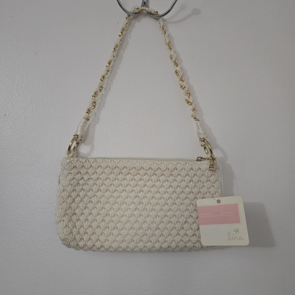 Lina Cream Crocheted Shoulder Bag Gold Chain Strap NWT - Picture 2 of 12